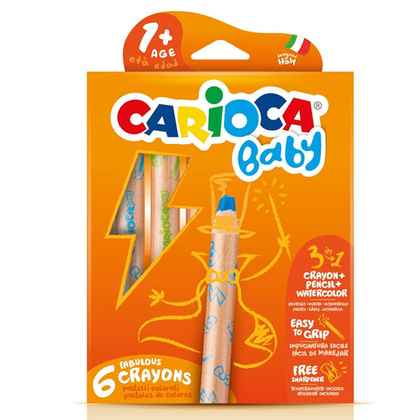 CARİOCA JUMBO BEBEK AHŞAP GÖVDELİ BOYA KALEMİ 3 IN 1 6'LI KALEMTRAŞ HEDİYELİ +1 YAŞ