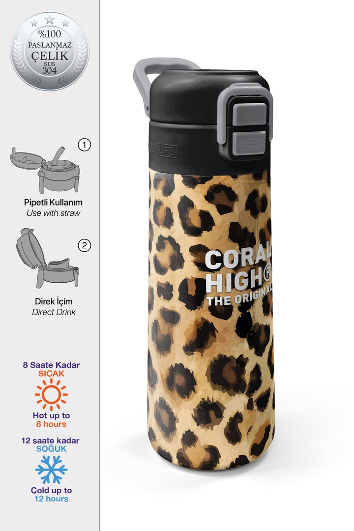 Coral High Kids Kahverengi Leopar Desenli Pipetli ve Direkt İçim Çelik Termos 500 ml 31881
