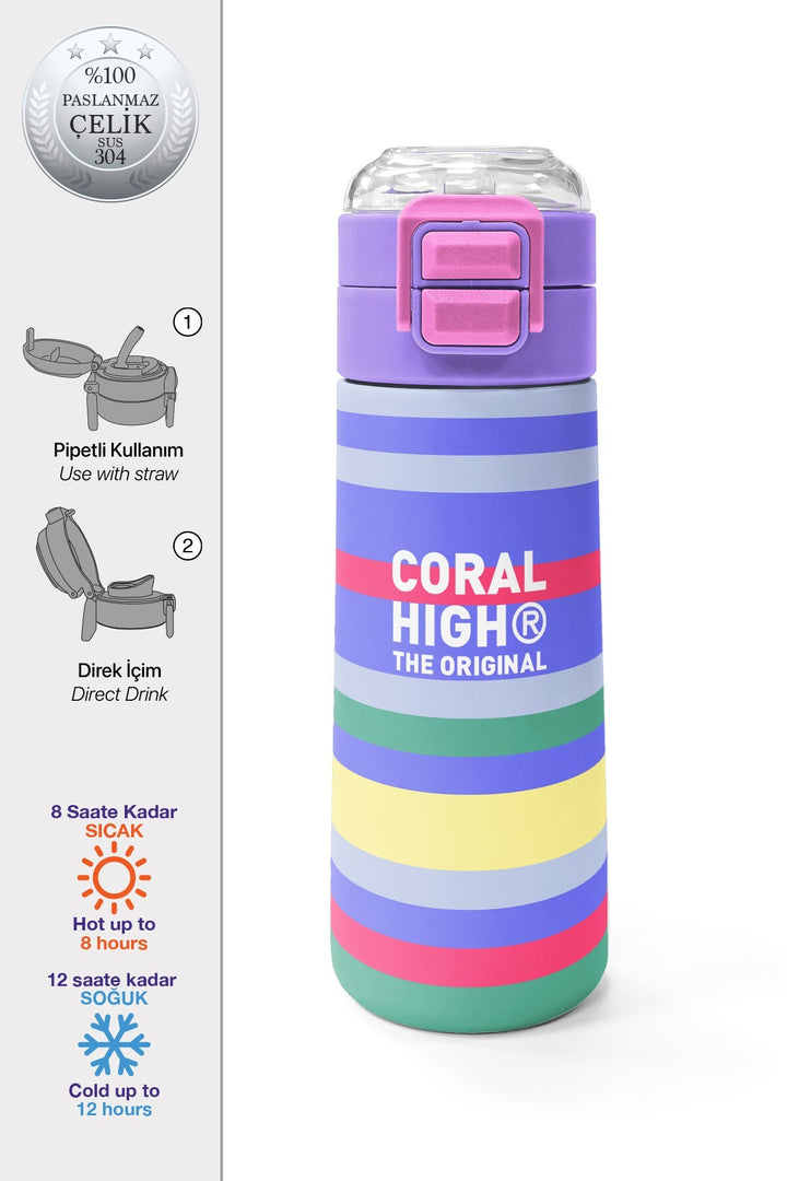 Coral High Kids Milka Gri Sarı Çizgi Desenli Pipetli ve Direkt İçim Çelik Termos 500 ml 38102
