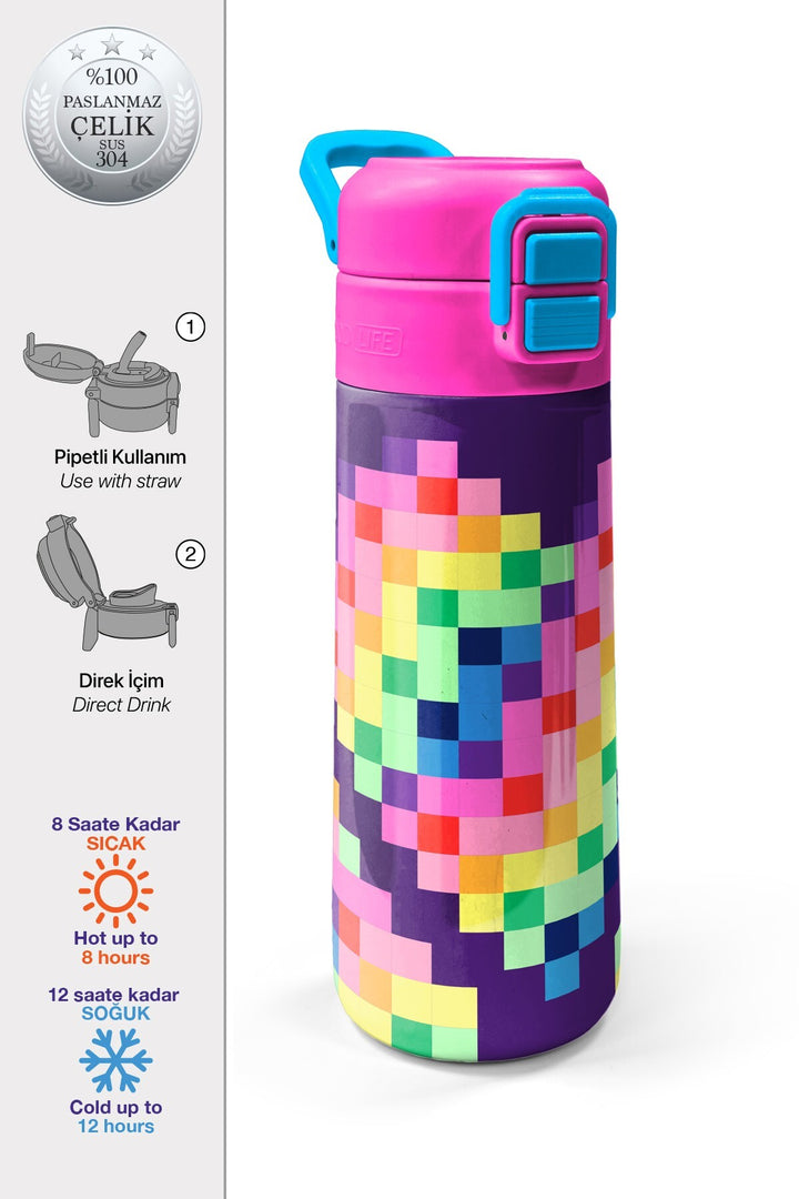 Coral High Kids Çok Renkli Piksel Kalp Desenli Pipetli ve Direkt İçim Çelik Termos 500 ml 38108