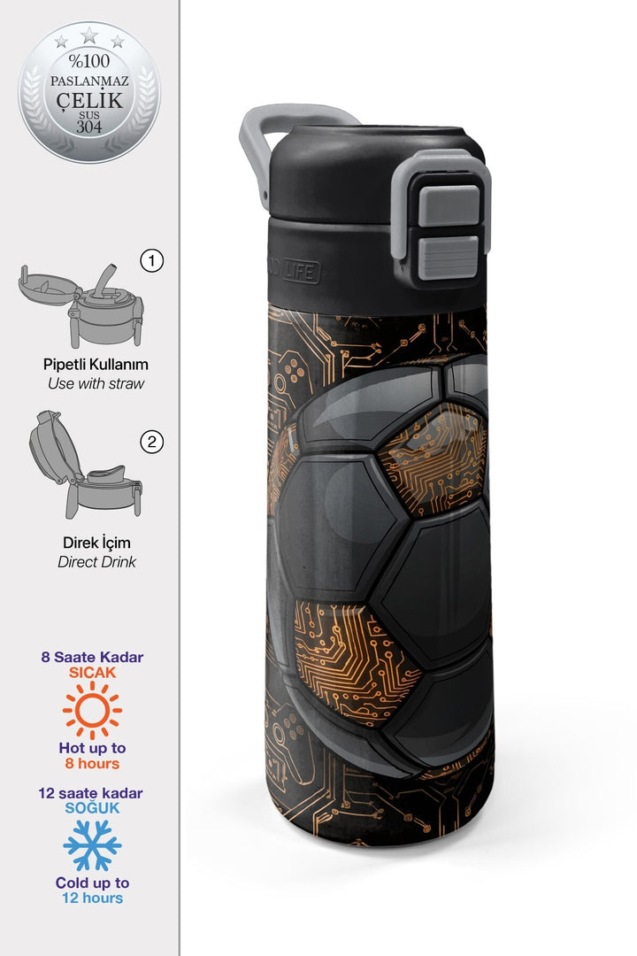 Coral High Kids Futbol Desenli Pipetli ve Direkt İçim Çelik Termos 500 ml 38117