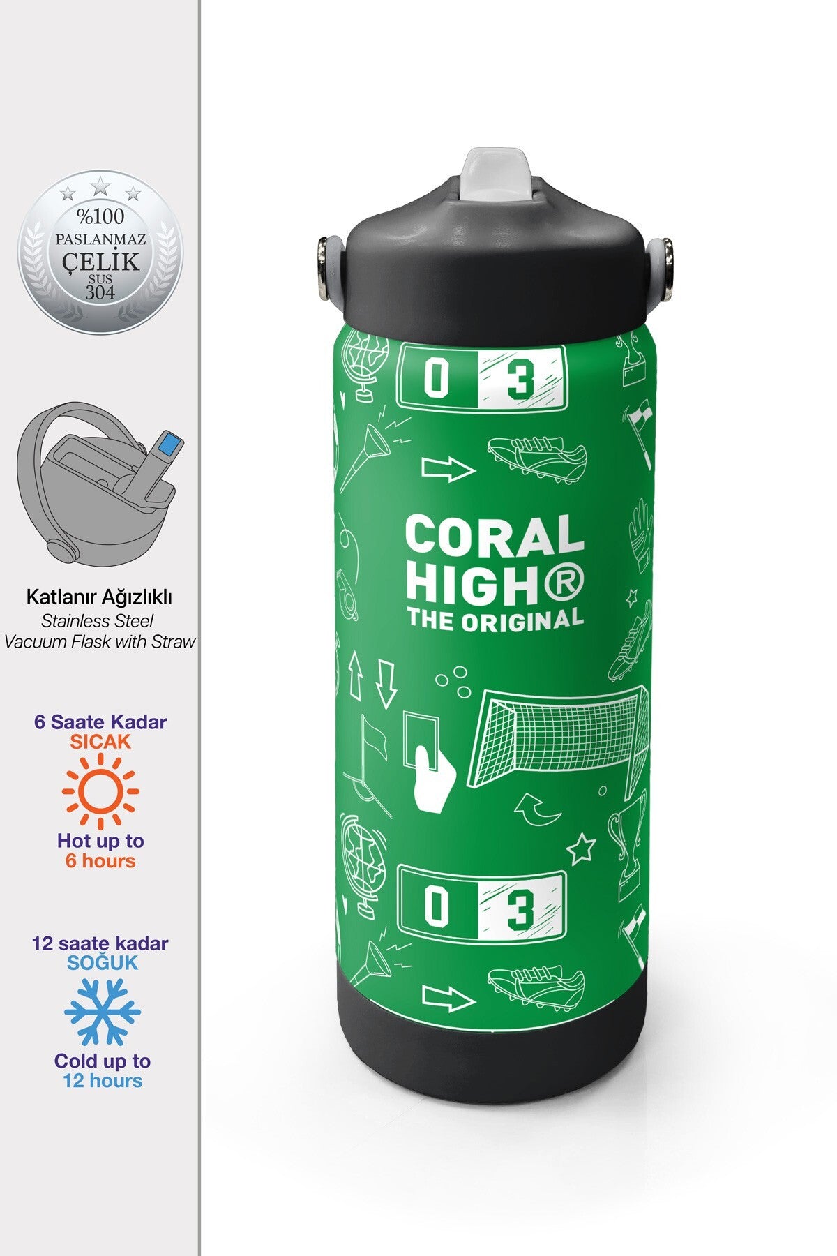 Coral High Yeşil Futbol Desenli Katlanır Ağızlıklı Çelik Termos 650 ml 38329
