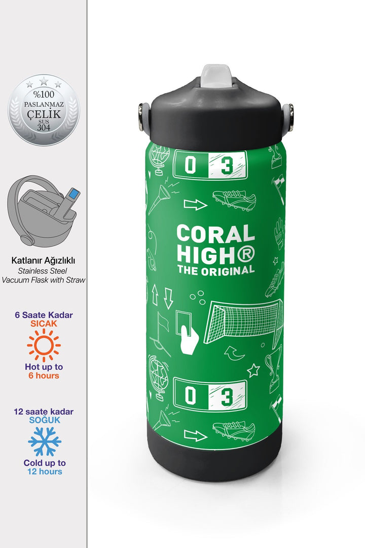 Coral High Yeşil Futbol Desenli Katlanır Ağızlıklı Çelik Termos 650 ml 38329