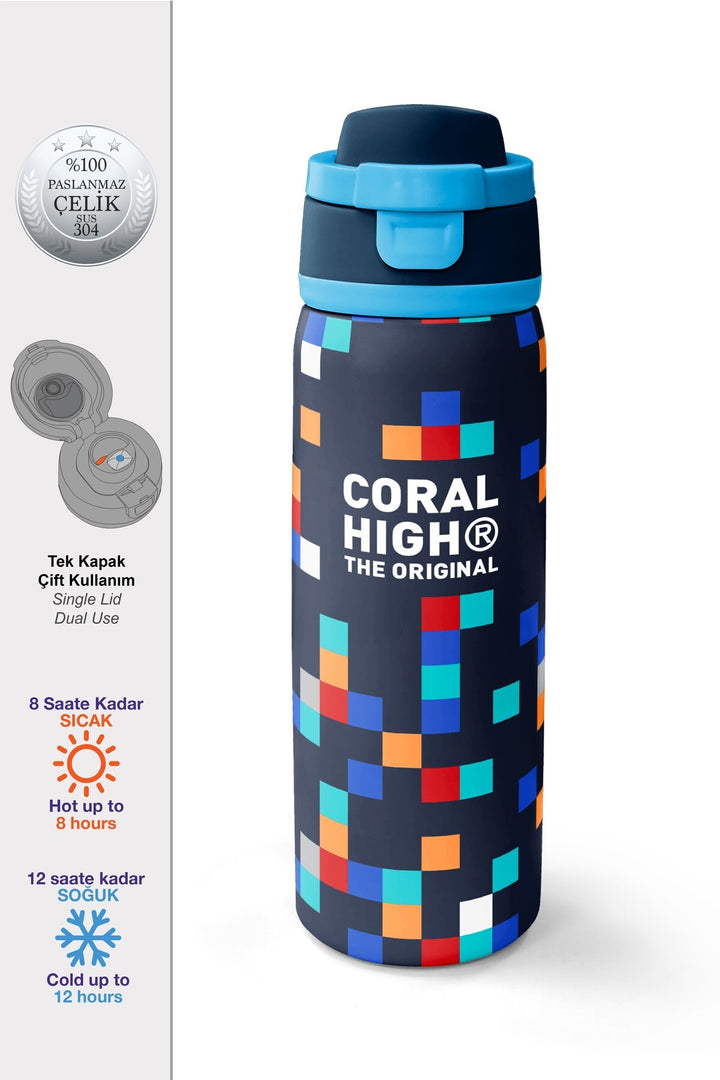 Coral High Lacivert Geometrik Desenli Pipetli ve Direkt İçim Çelik Termos 800 ml 38513