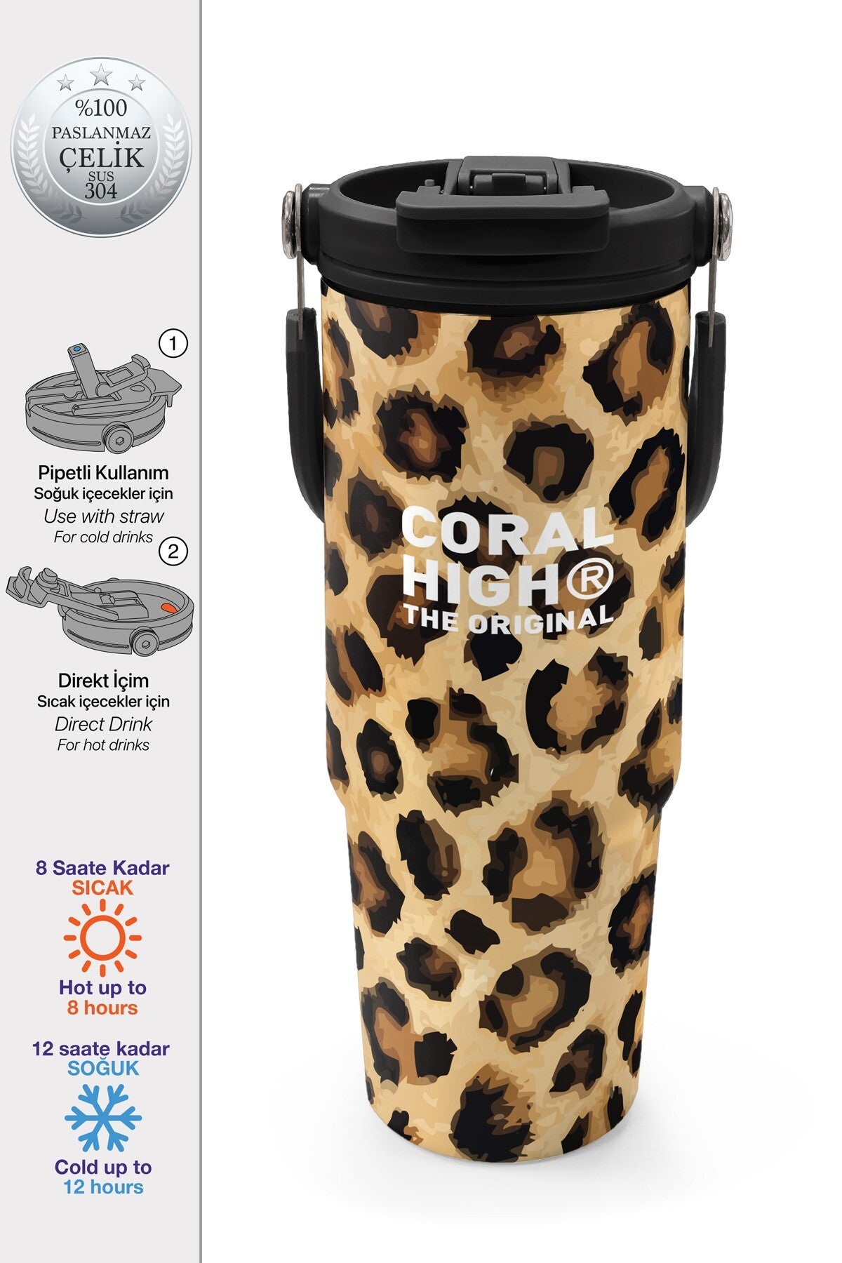 Coral High Kahverengi Leopar Desenli Pipetli ve Direkt İçim Çelik Termos 900 ml 38719