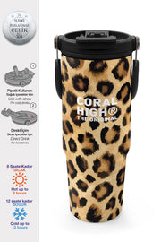 Coral High Kahverengi Leopar Desenli Pipetli ve Direkt İçim Çelik Termos 900 ml 38719