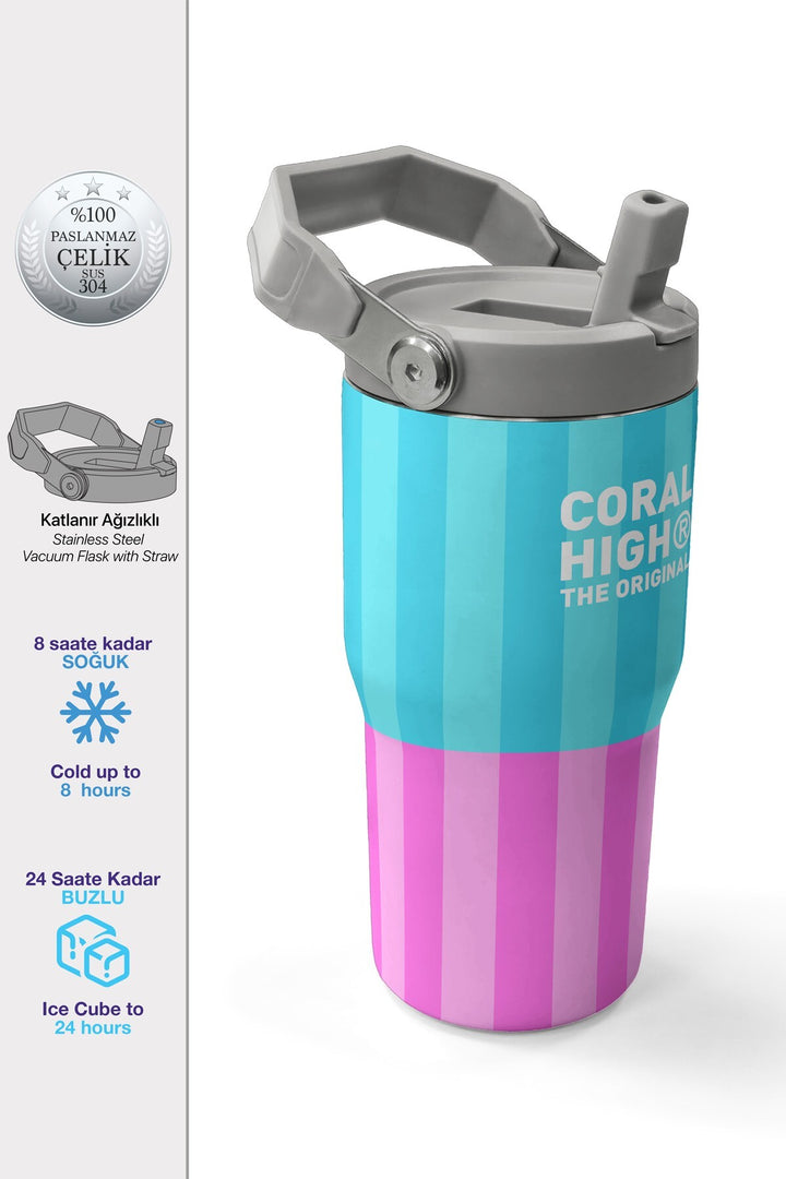 Coral High Renkli Çizgili Desenli Katlanır Ağızlıklı Çelik Termos 600 ml 38909